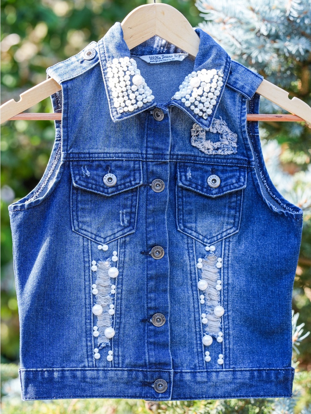 UK2LA Pearl Embellished Denim Vest Jacket Small Cotton Button Front
